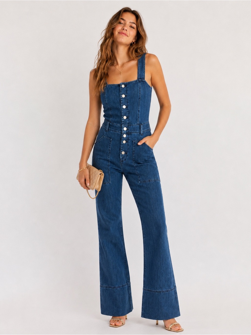 aerie Blue Denim Button-Front Kick Flare OverallsSz. M